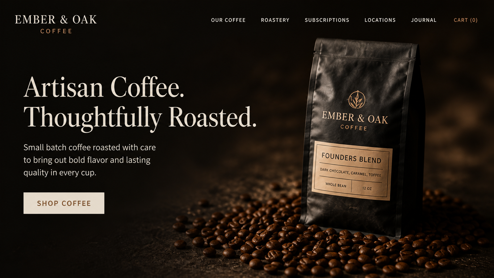 Ember and Oak artisan coffee roastery website hero concept