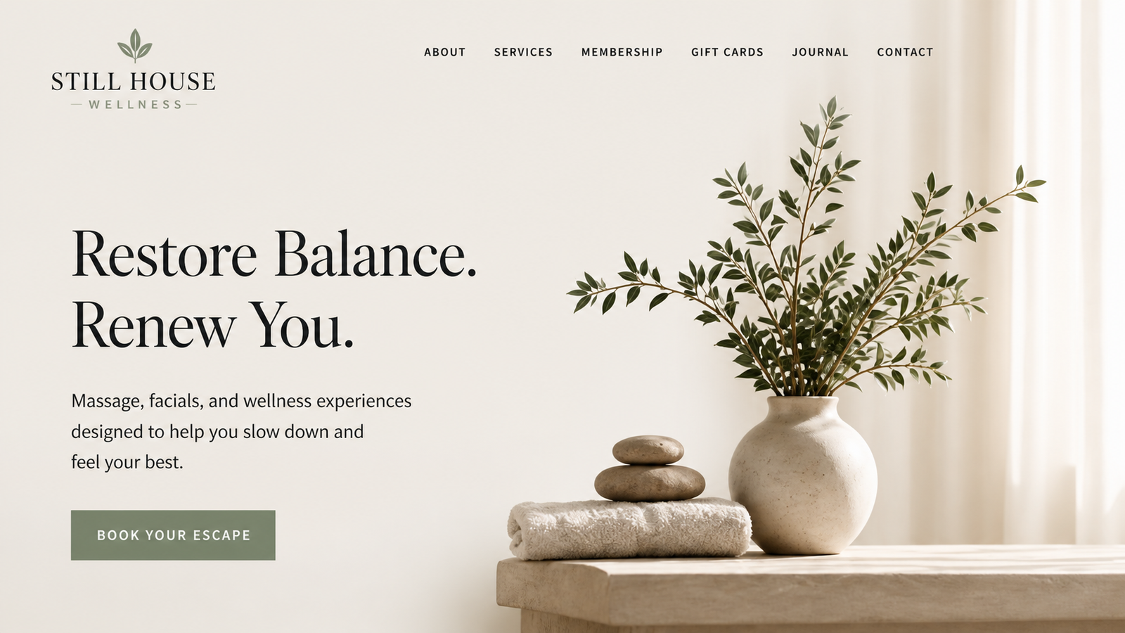 Still House Wellness boutique spa website hero concept