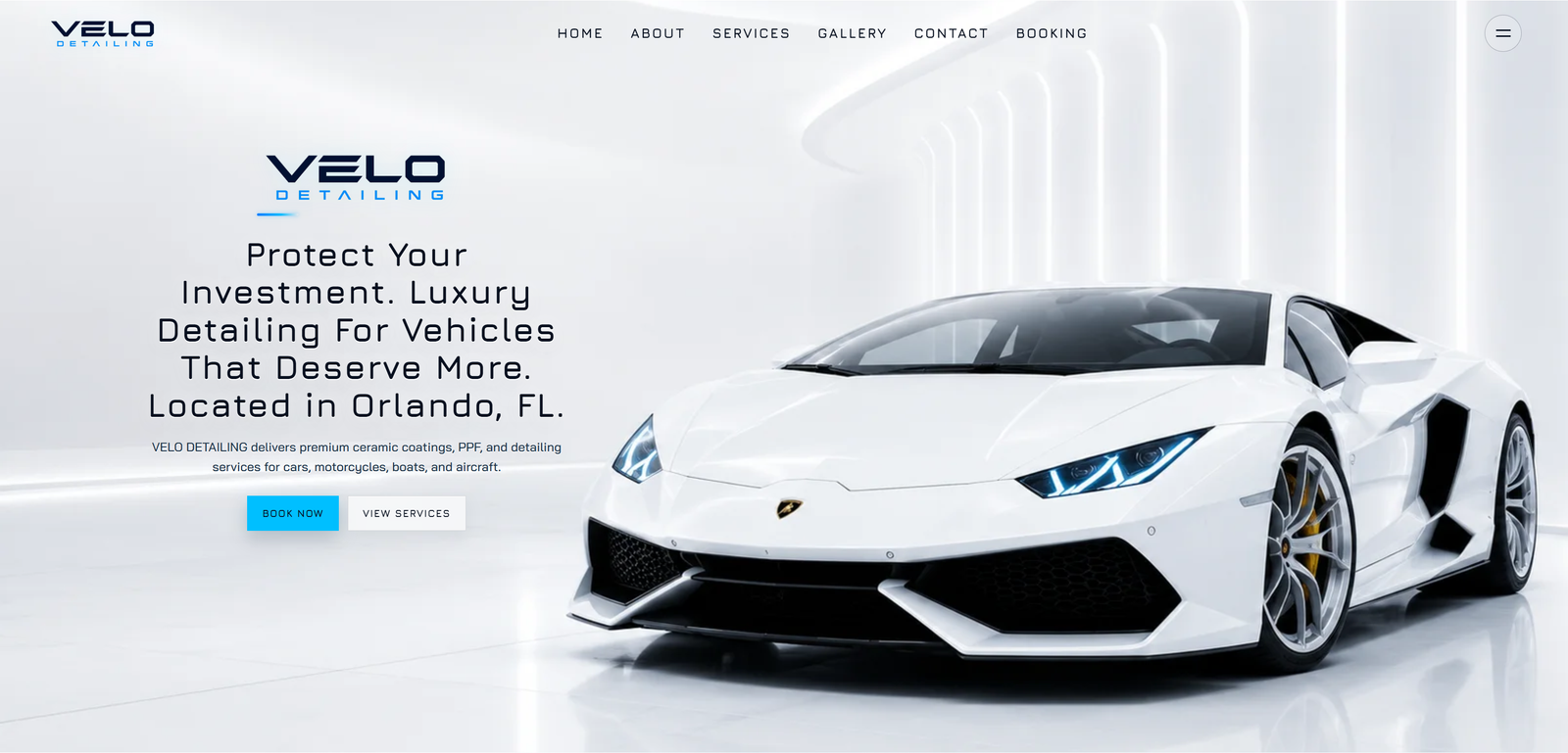 Velo Detailing website homepage preview featuring a white Lamborghini
