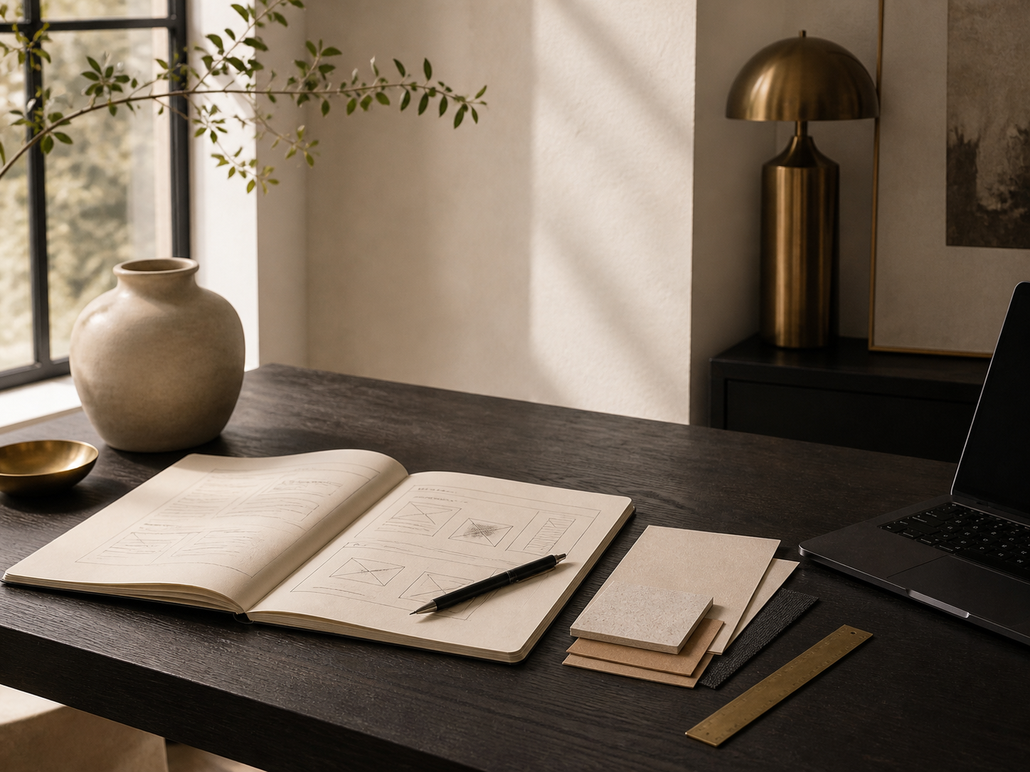 A warm design studio desk with an open website wireframe sketchbook, laptop, and brass tools